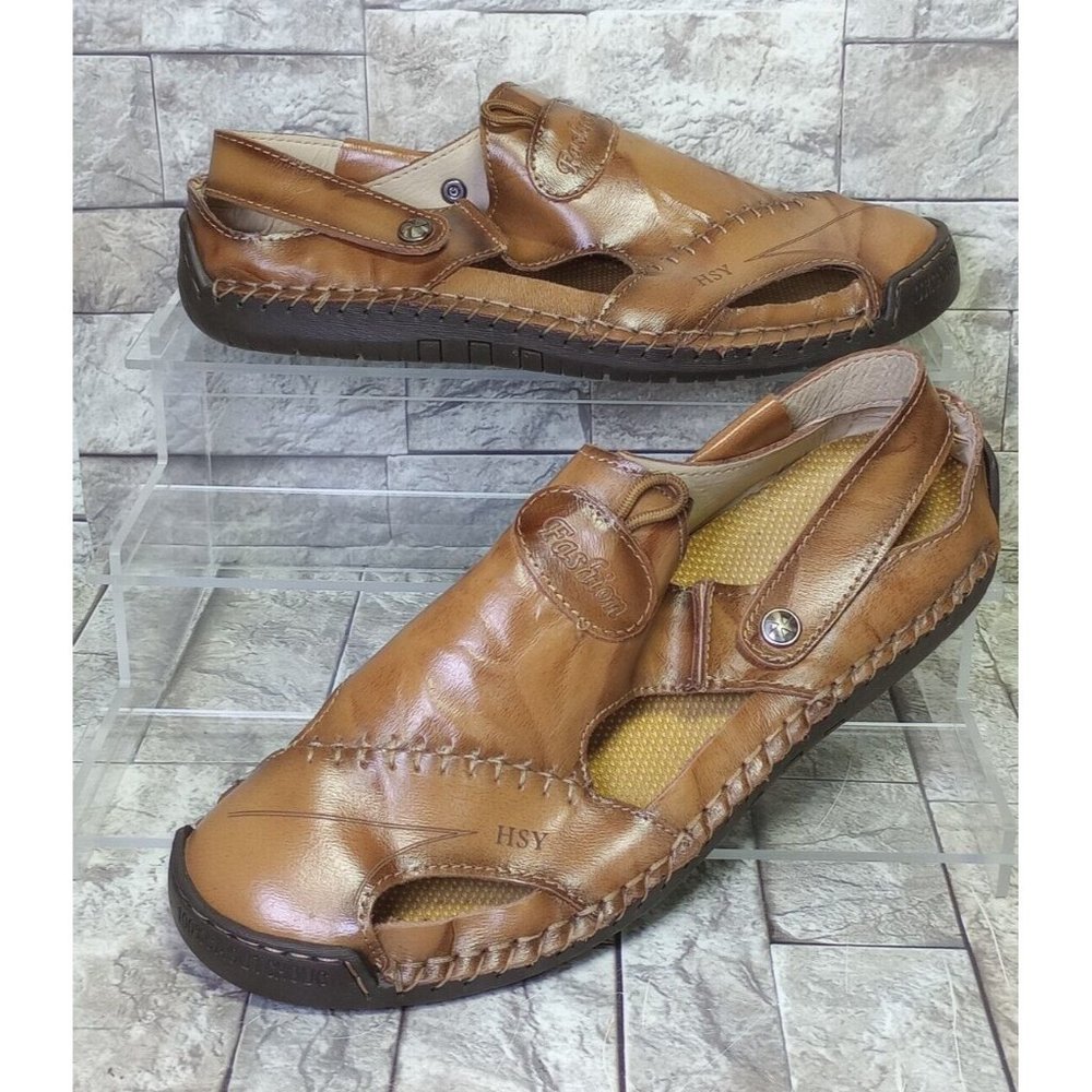 HSY Fashion Mens Handstitched Black Leather Sandals Slingbacks Size 44 US 10.5